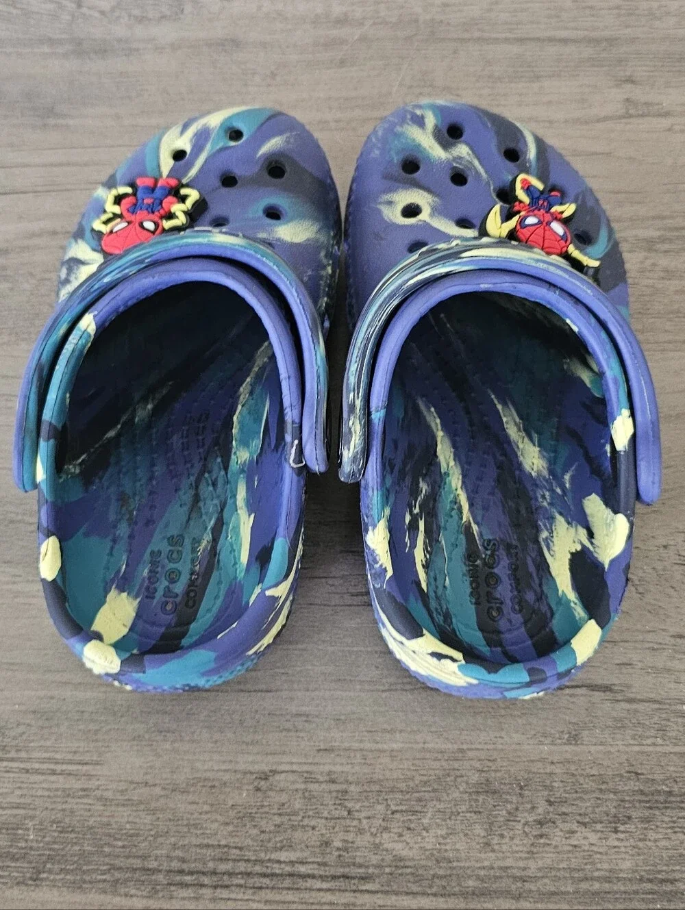 Crocs Kids Blue Teal Marble Clogs Spiderman Charm Toddler Boy 7